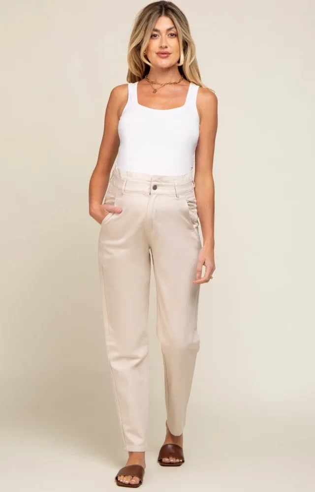 Beige Smocked Waist Straight Leg Maternity Jeans