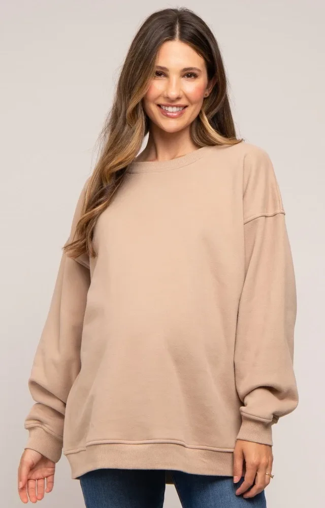 Beige Soft Knit Fleece Lined Maternity Sweatshirt