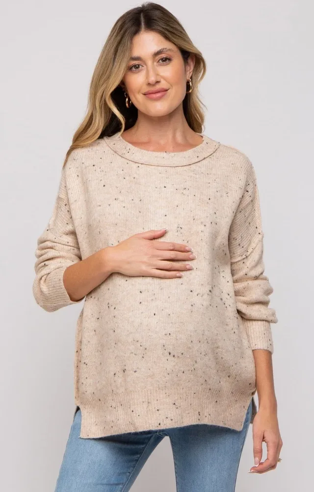 Beige Speckled Knit Maternity Sweater