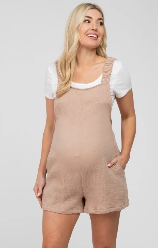 Beige Square Neck Elastic Strap Maternity Romper