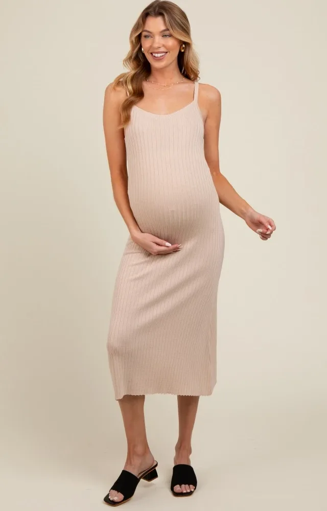 Beige Square Neck Ribbed Sleeveless Maternity Midi Dress