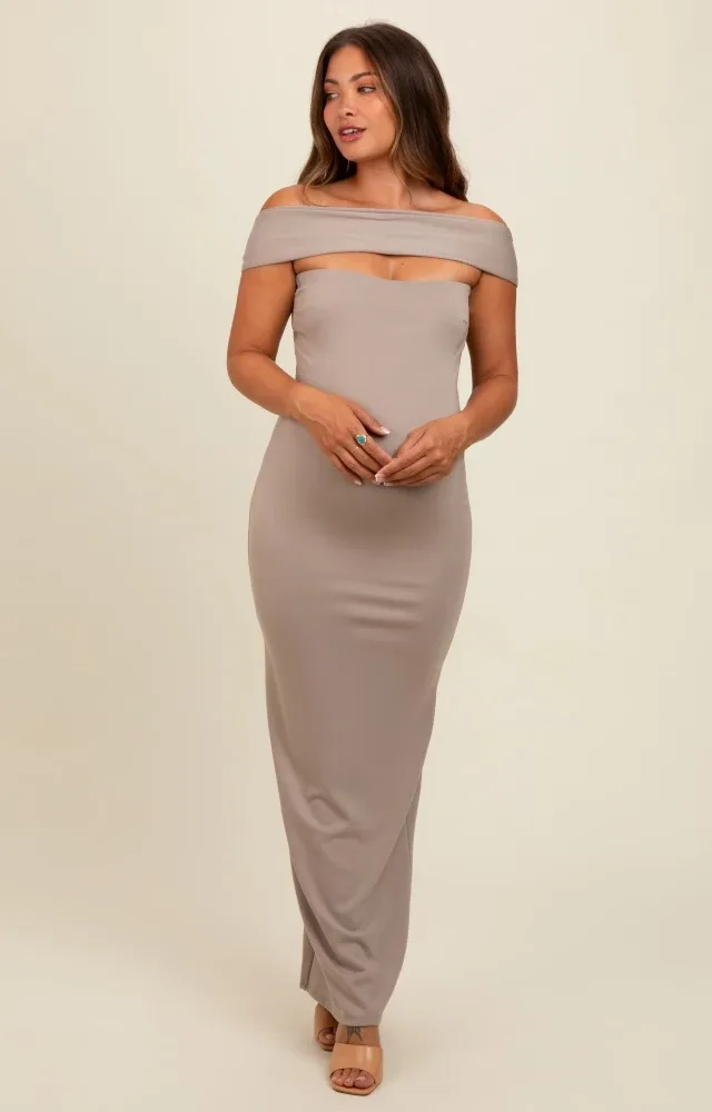 Beige Strapless Low Back Maternity Maxi Dress