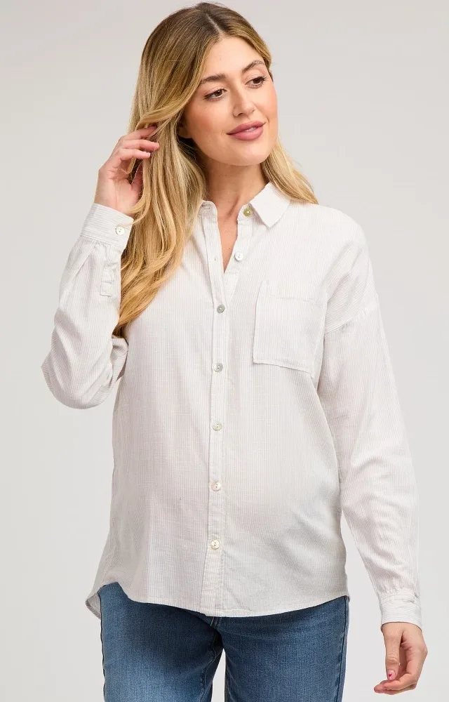 Beige Striped Basic Button Down Maternity Top