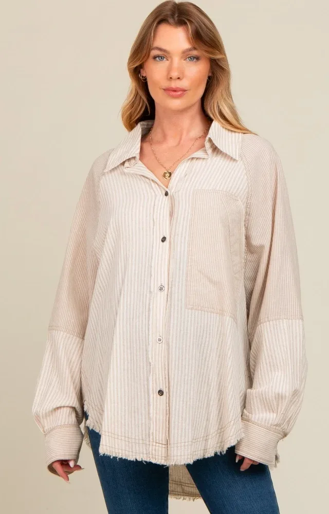 Beige Striped Button Down Oversized Long Sleeve Maternity Top