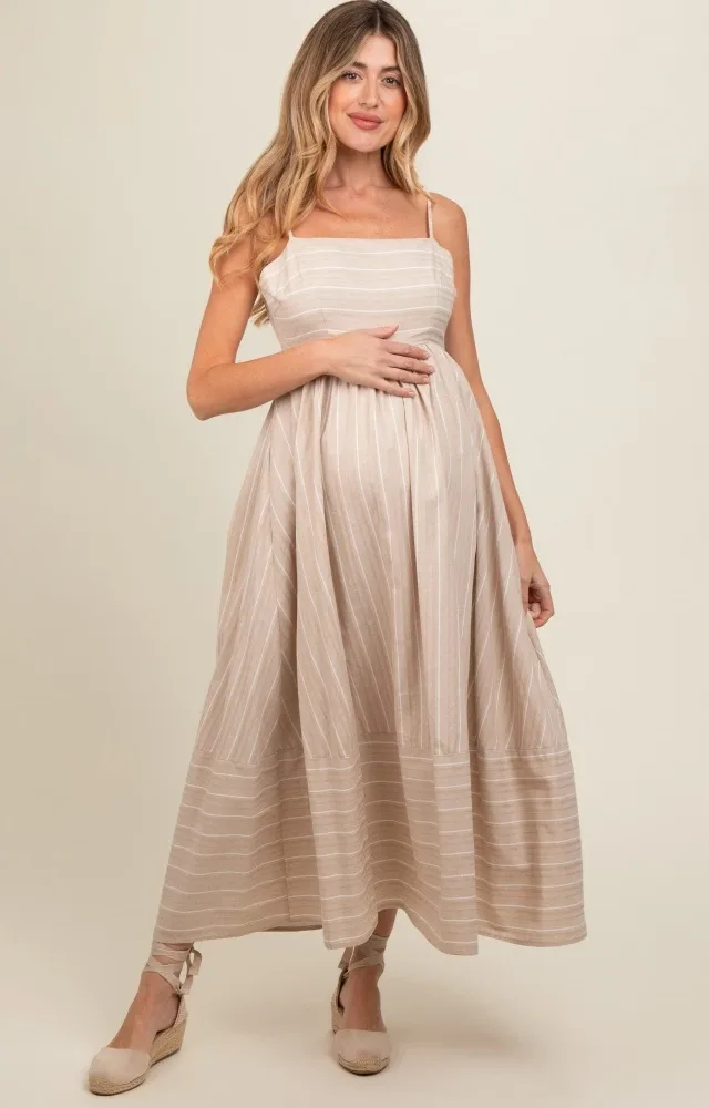 Beige Striped Cutout Back Maternity Maxi Dress