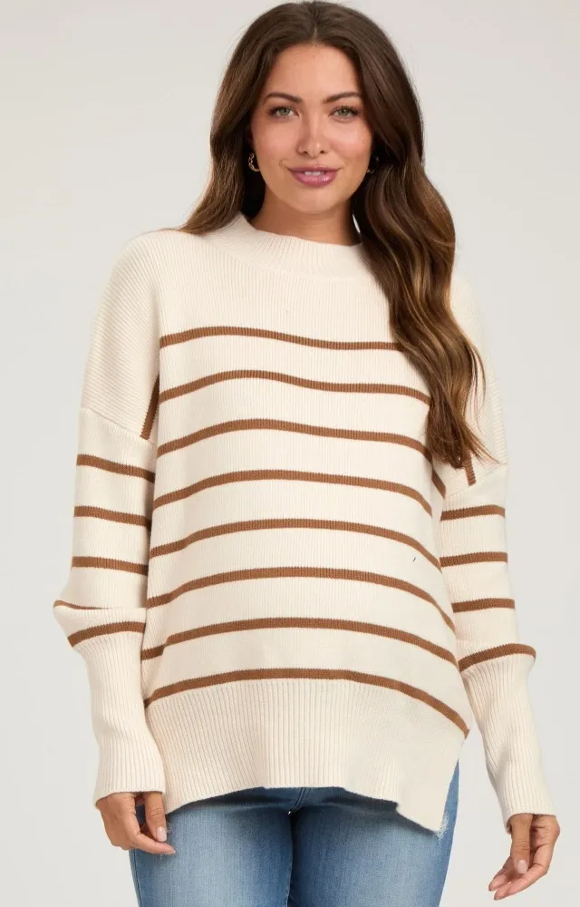 Beige Striped Drop Shoulder Maternity Sweater