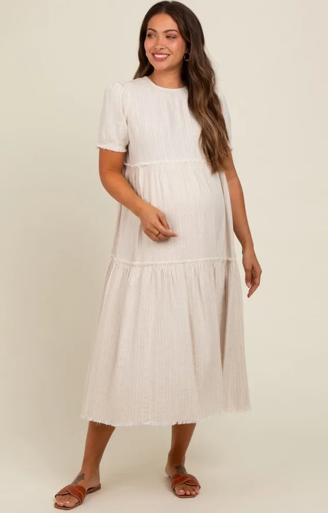 Beige Striped Fringe Accent Tiered Maternity Maxi Dress