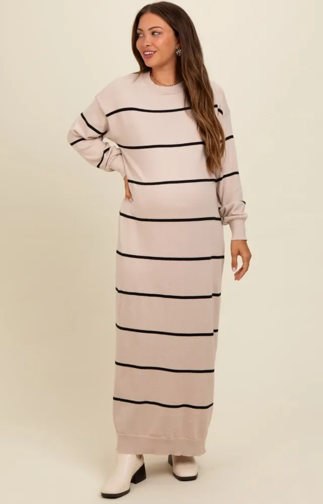 Beige Striped Knit Drop Shoulder Maternity Midi Dress