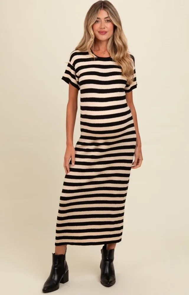 Beige Striped Knit Maternity Midi Dress