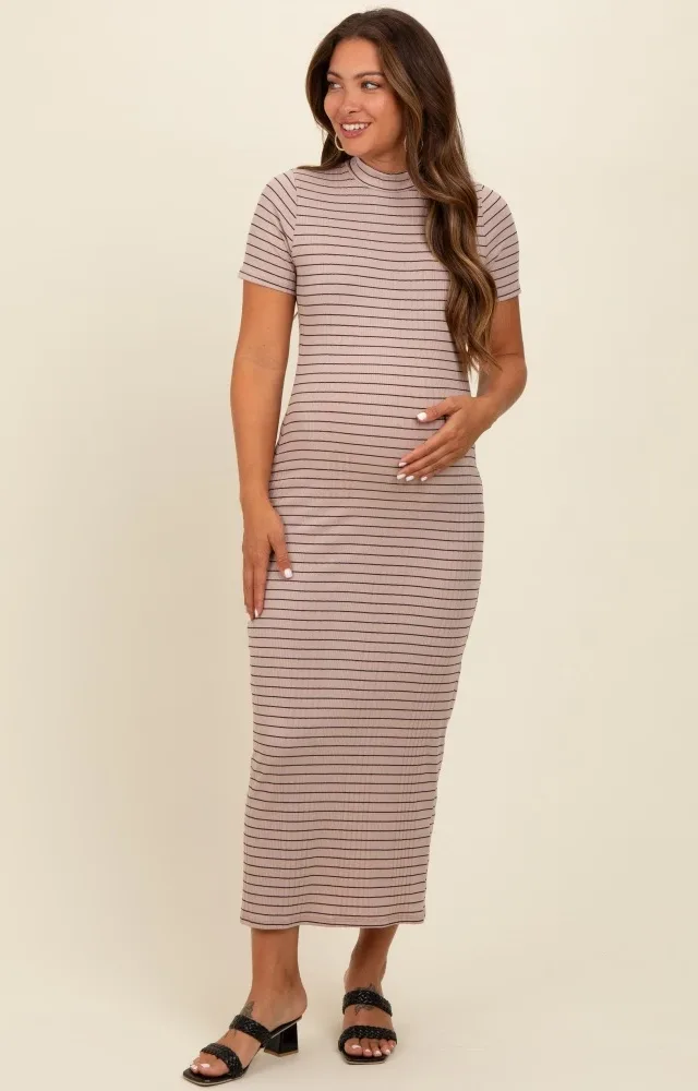 Beige Striped Mock Neck Fitted Maternity Midi Dress