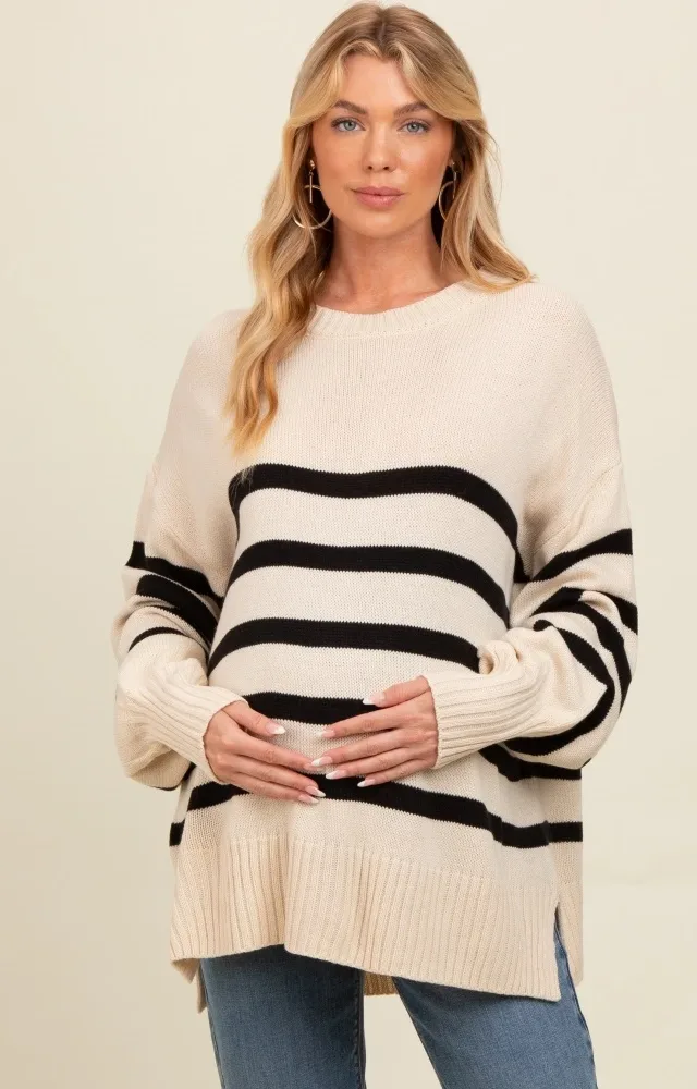 Beige Striped Oversized Side Slit Maternity Sweater