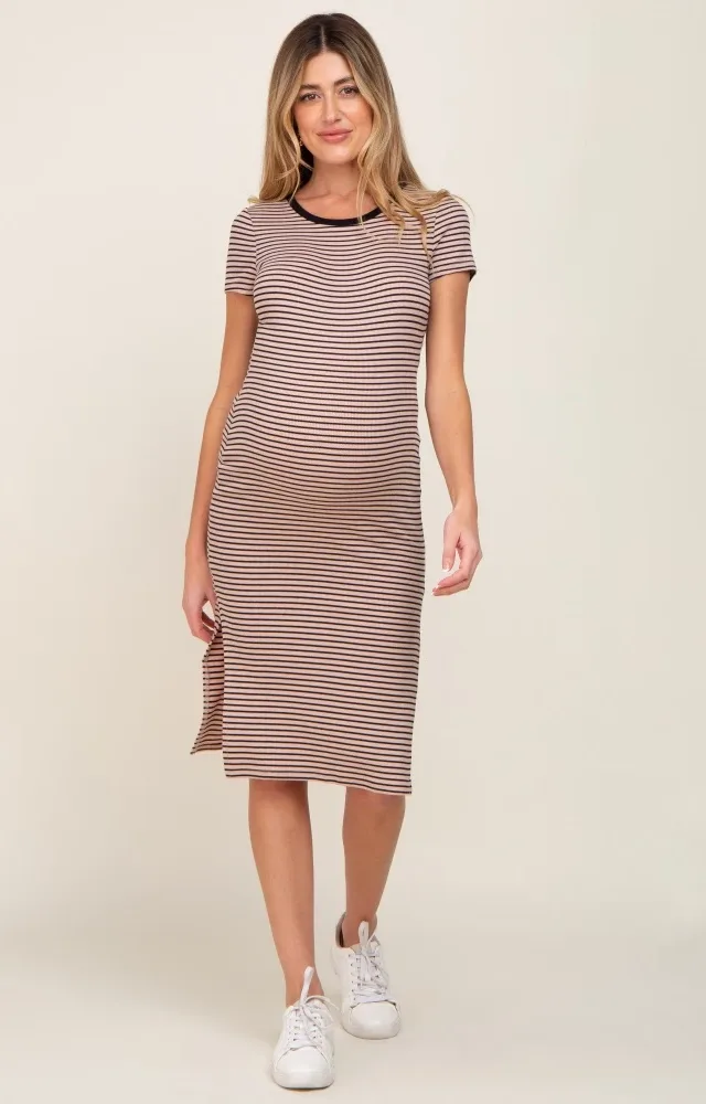 Beige Striped Side Slit Fitted Maternity Midi Dress