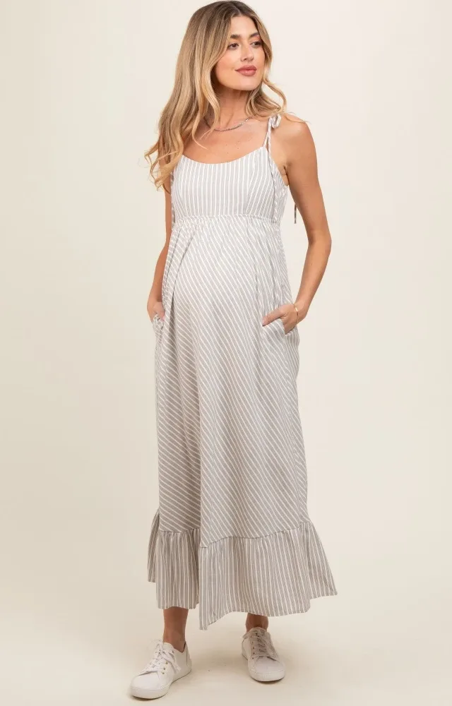 Beige Striped Tie Strap Maternity Maxi Dress