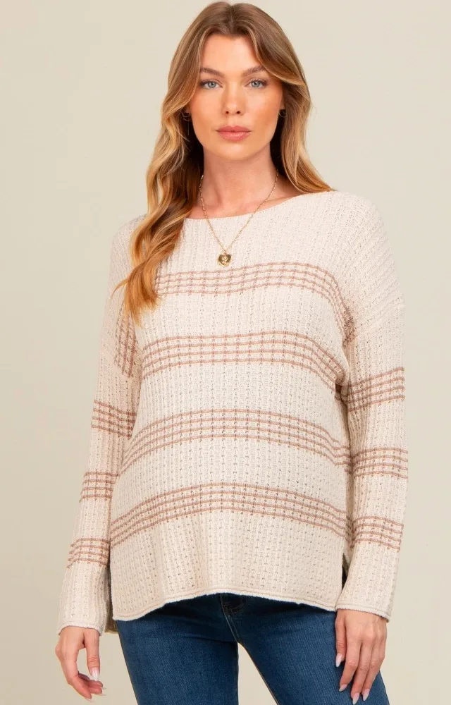 Beige Striped Waffle Knit Maternity Sweater