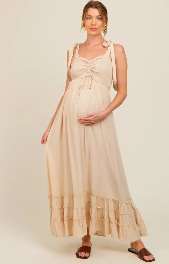 Beige Sweetheart Neck Smocked Shoulder Tie Maternity Maxi Dress