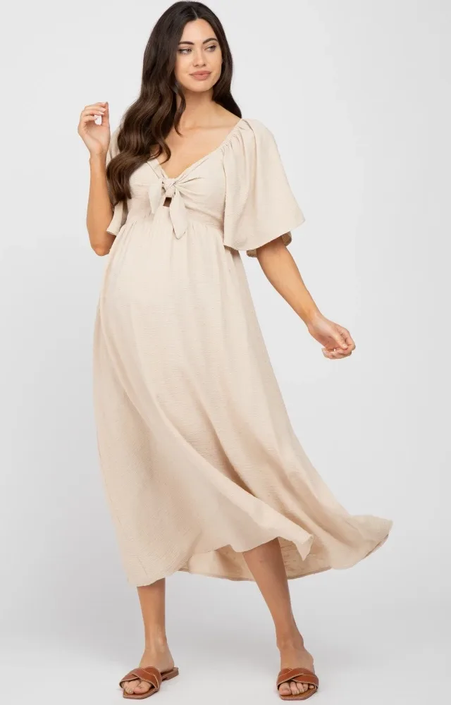 Beige Textured Dot Front Tie Ruffle Sleeve Maternity Midi Dress