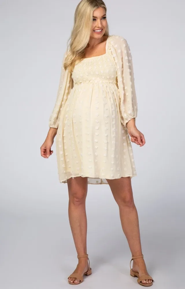 Beige Textured Dot Square Neck Maternity Dress