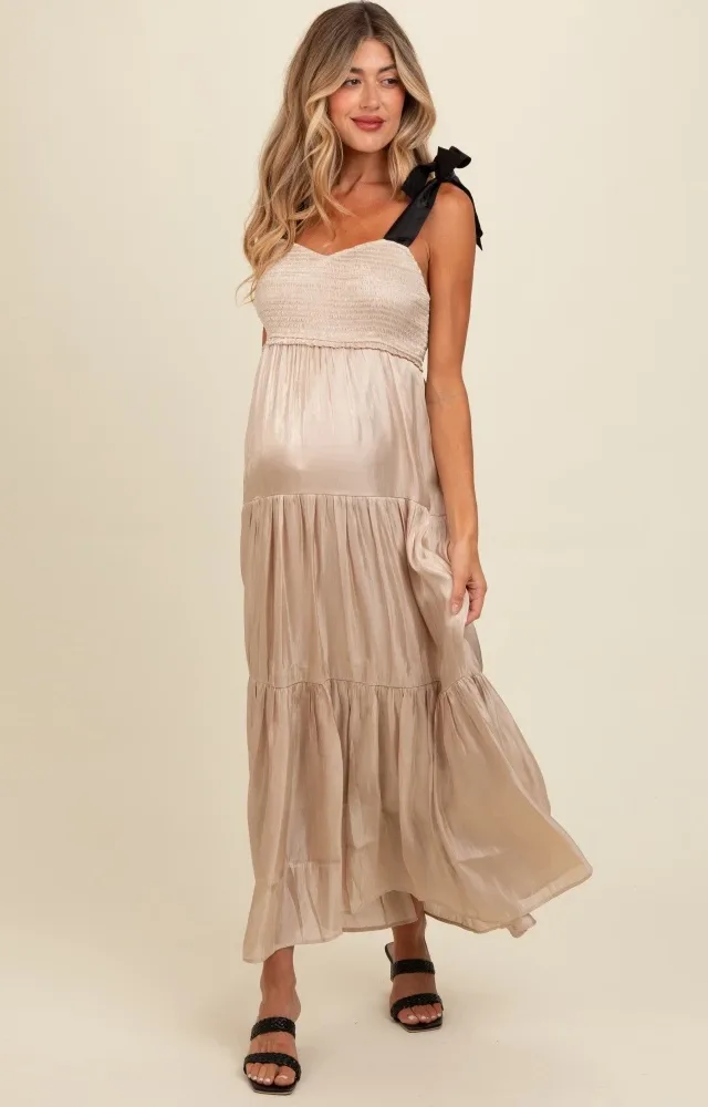 Beige Tiered Satin Tie-Strap Maternity Maxi Dress