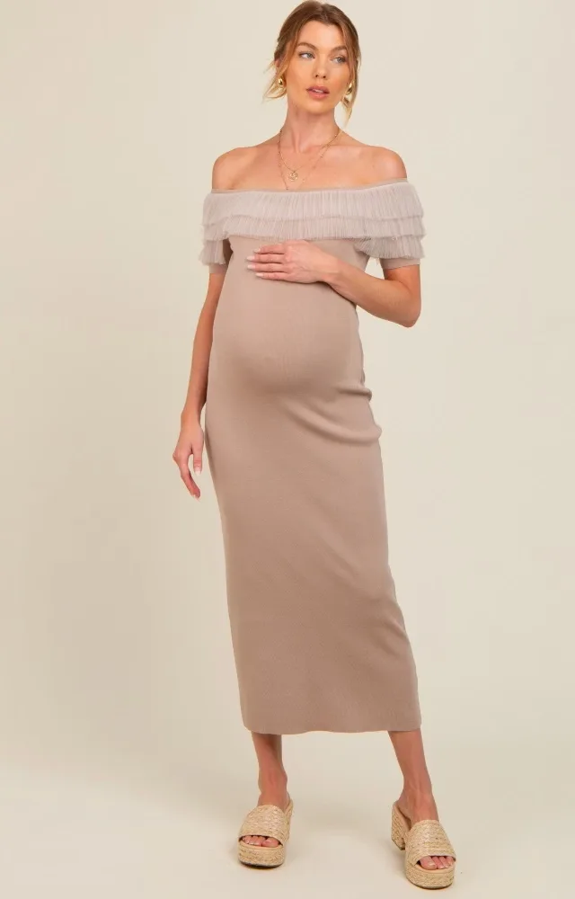 Beige Tulle Ruffle Off Shoulder Sweater Maternity Midi Dress