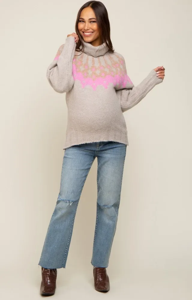 Beige Turtleneck Fair Isle Maternity Sweater