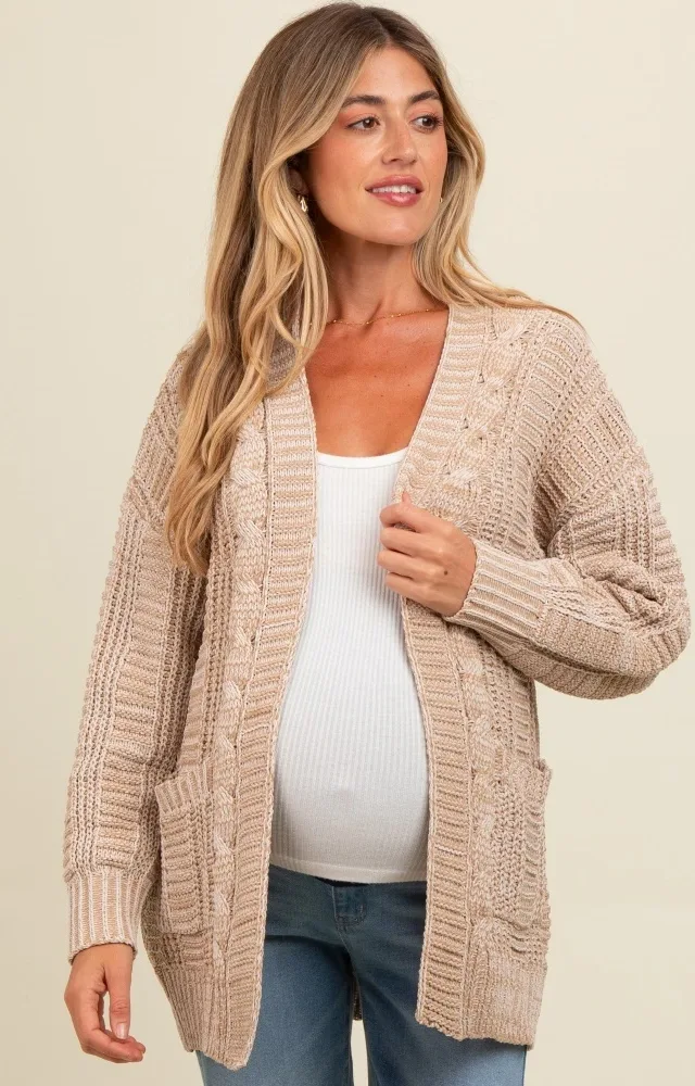 Beige Two Toned Oversized Cable Knit Maternity Cardigan