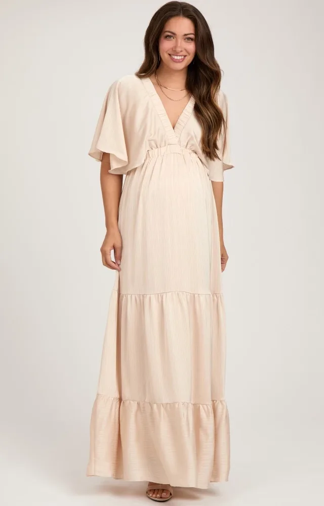 Beige V-Neck Flutter Sleeve Tiered Maternity Maxi Dress