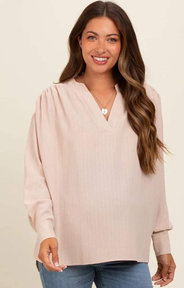 Beige V-Neck Maternity Oversized Blouse