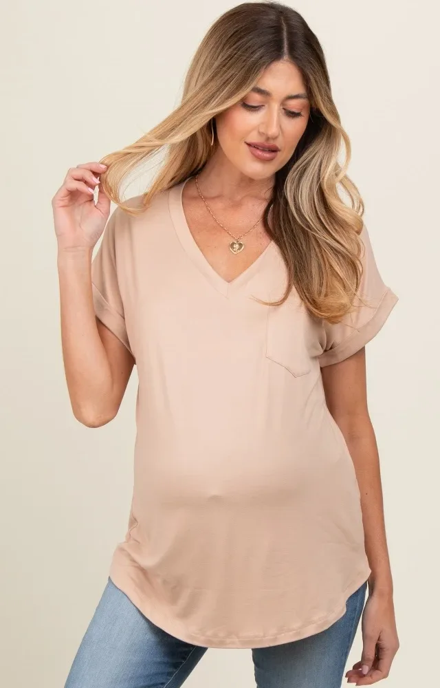 Beige V-Neck Pocket Short Sleeve Maternity Shirt