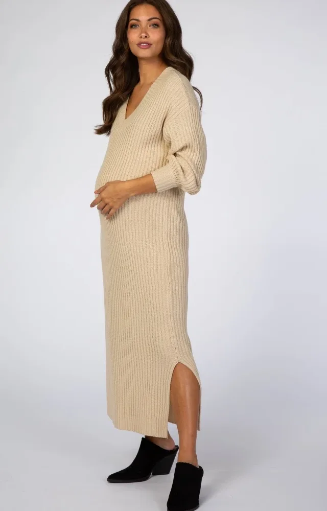 Beige V-Neck Ribbed Maternity Sweater Dress