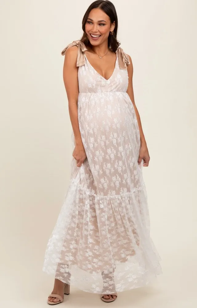 Beige V-Neck Satin Tie Lace Overlay Maternity Maxi Dress