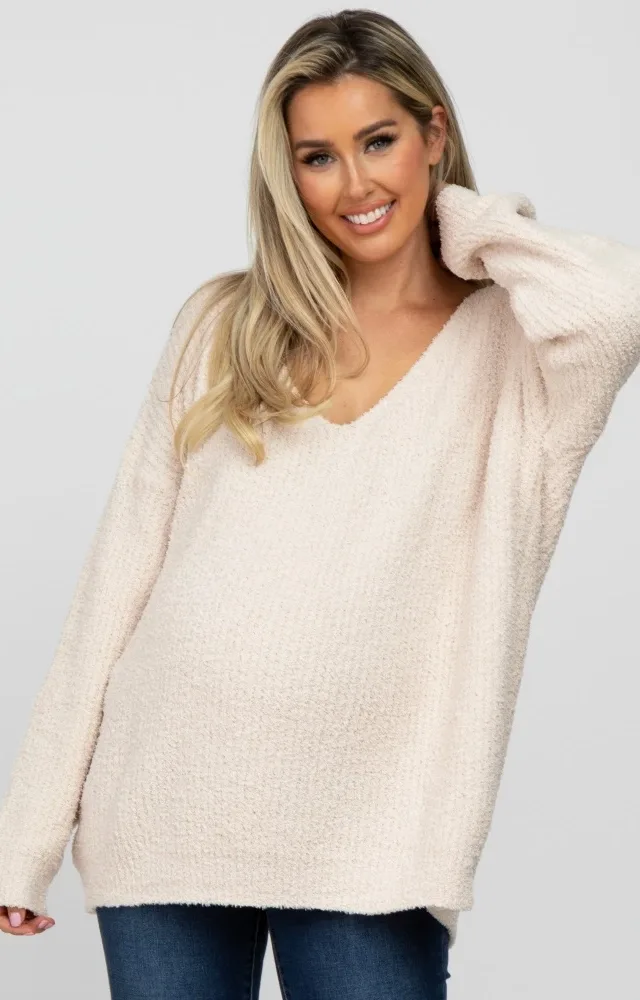 Beige V-Neck Soft Maternity Sweater