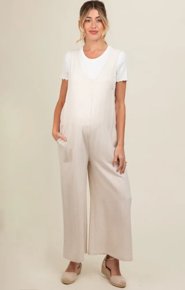 Beige V-Neck Wide Leg Maternity Jumpsuit