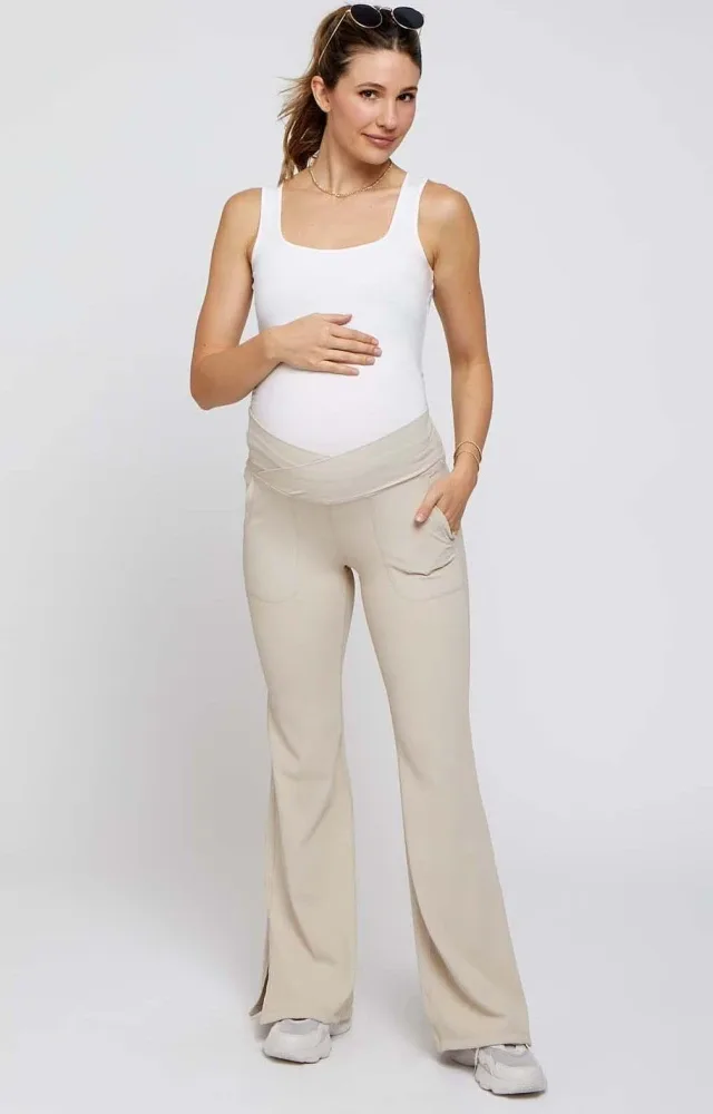 Beige V-Waist Ribbed Bootcut Maternity Leggings