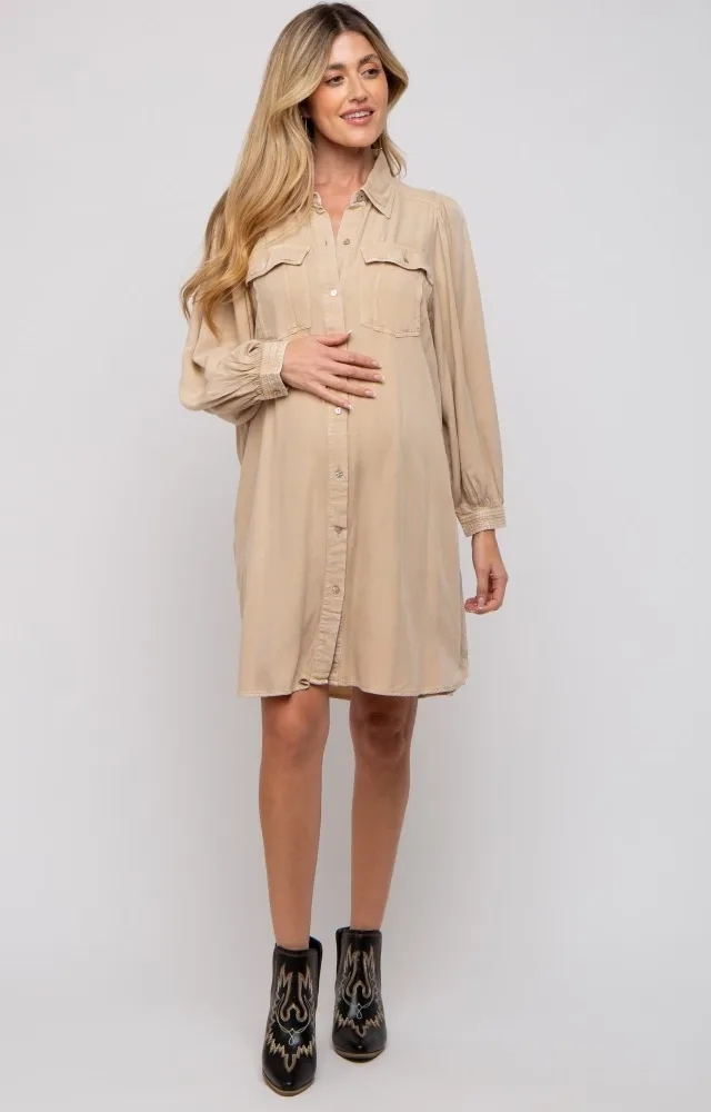 Beige Vintage Wash Maternity Shirt Dress