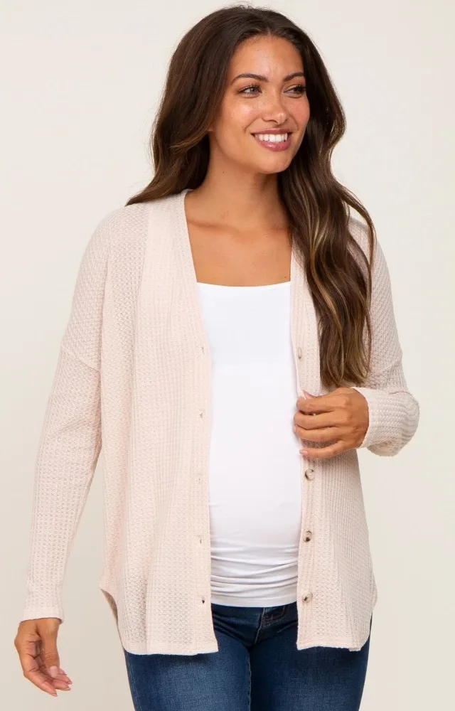 Beige Waffle Knit Button Down Maternity Top