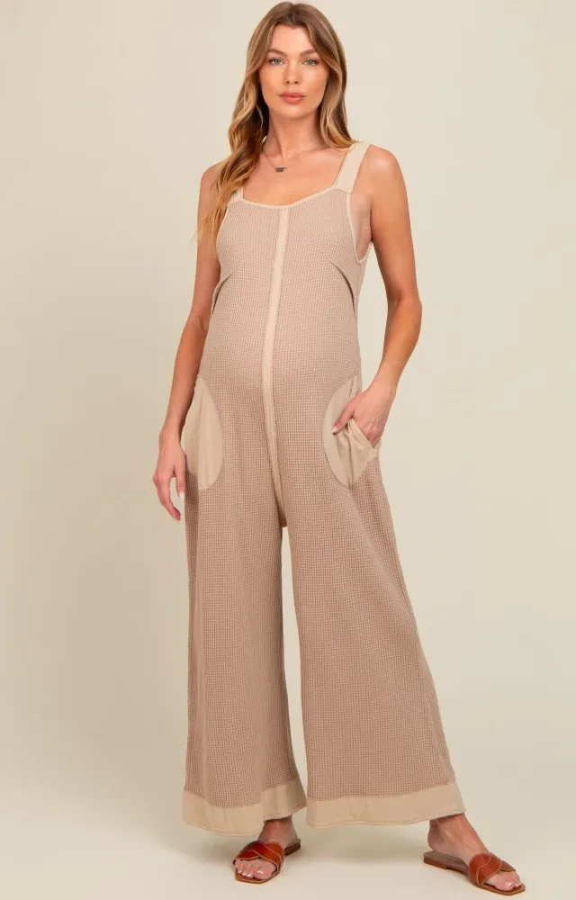 Beige Waffle Knit Wide Leg Maternity Jumpsuit