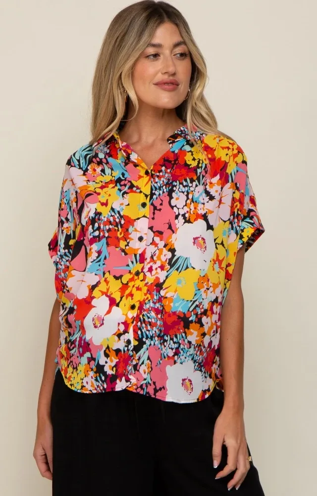 Black Abstract Floral Button Down Maternity Top