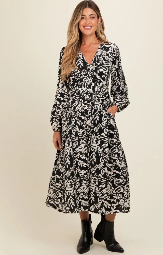 Black Abstract Floral Gathered Front Maternity Midi Dress