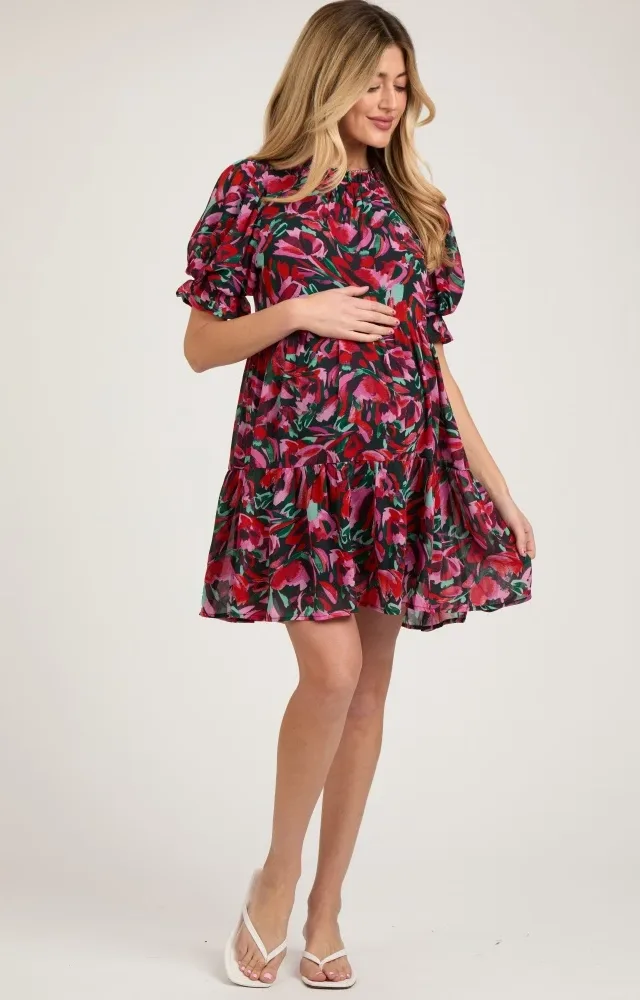 Black Abstract Floral Print Tiered Maternity Dress