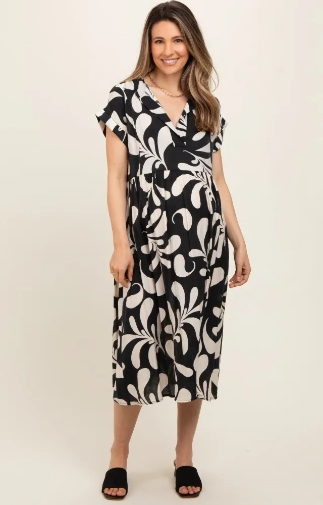 Black Abstract Print Collared Maternity Dress