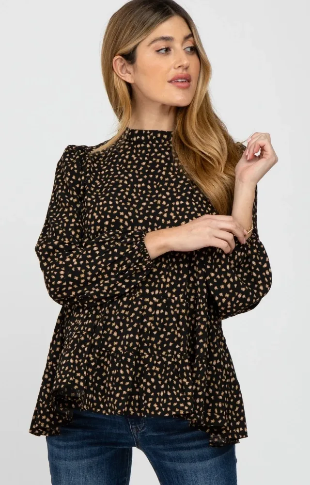 Black Animal Print Mock Neck Tiered Maternity Top