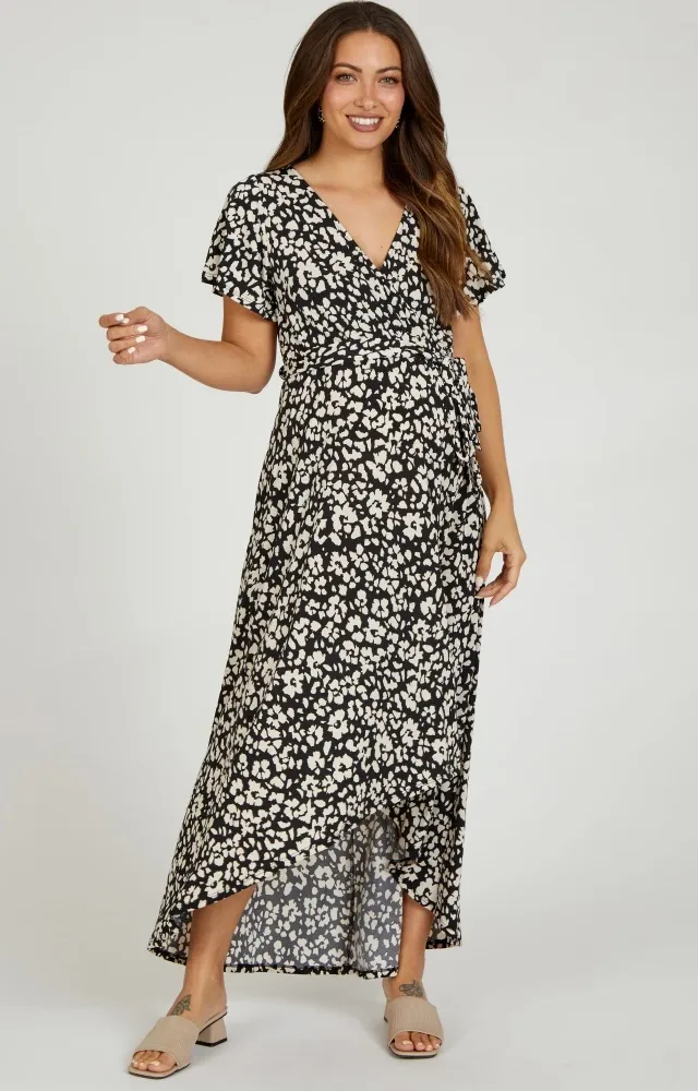 Black Animal Print Wrap Front V-Neck Hi-Low Maternity Midi Dress