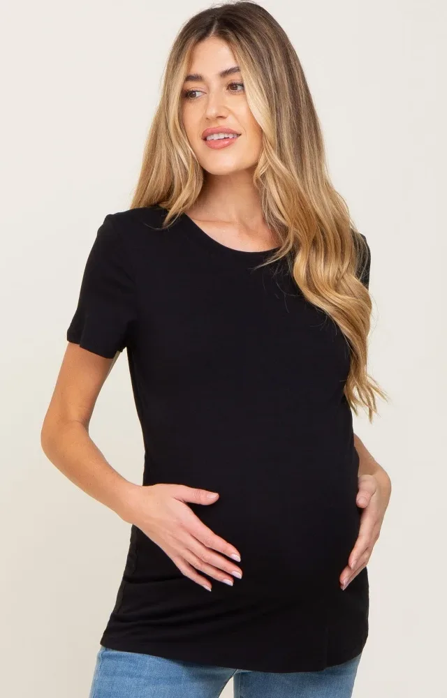 Black Basic Crew Neck Maternity Tee