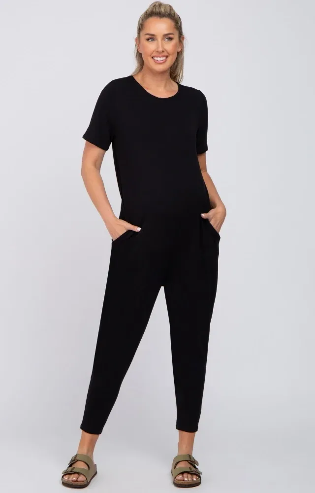 Black Basic Short Sleeve Maternity Jumpsuit