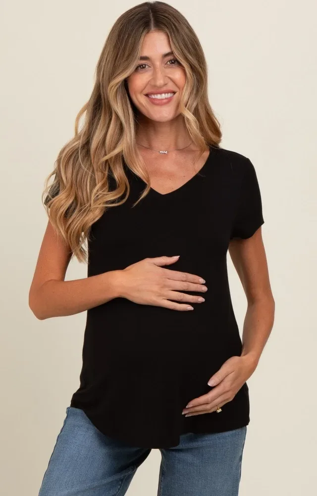 Black Basic V-Neck Short Sleeve Maternity Top