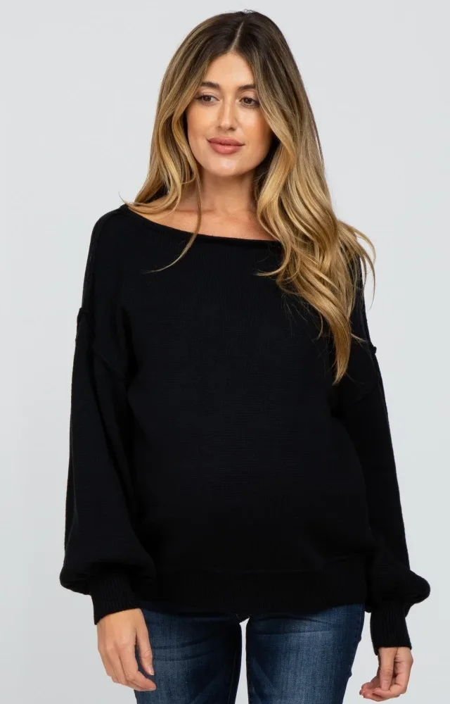 Black Boat Neck Bubble Sleeve Maternity Sweater