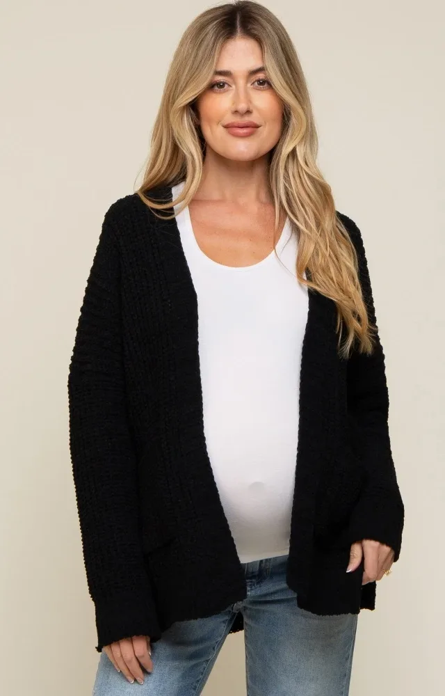 Black Brushed Chenille Knit Maternity Cardigan