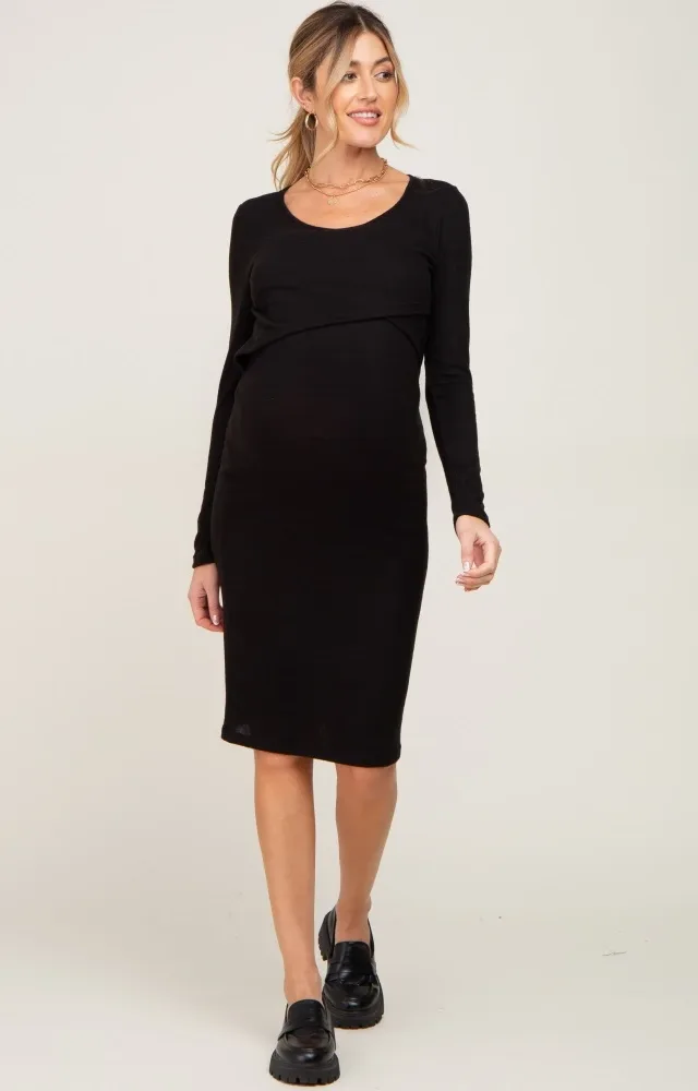 Black Brushed Knit Maternity Wrap Nursing Dress