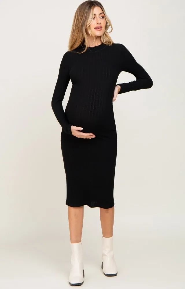 Black Brushed Knit Mock Neck Maternity Dress