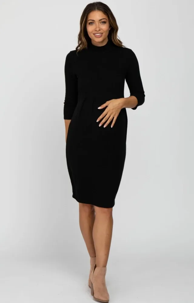 Black Brushed Mock Neck Fitted Maternity Dress